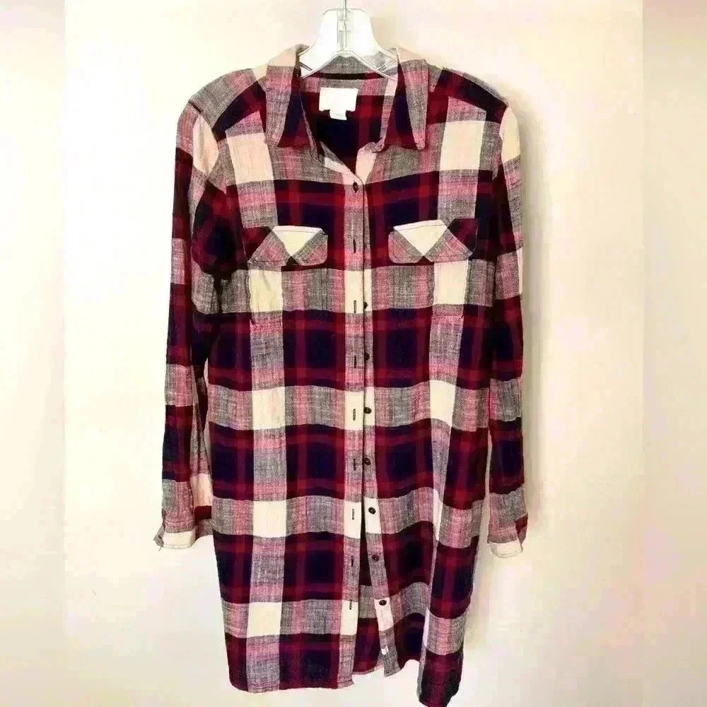 Caslon Plaid Tunic Button Up Top, Medium